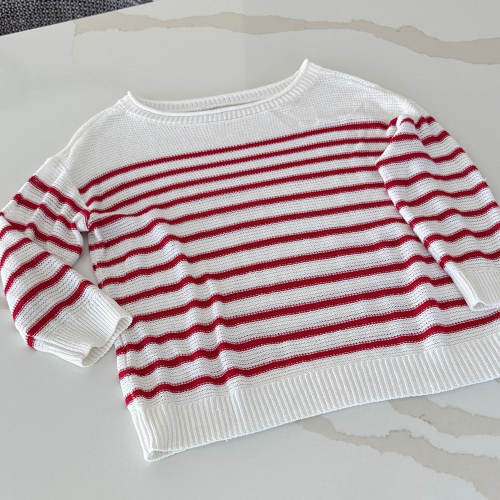 LOFT White Sweater with Red Stripes